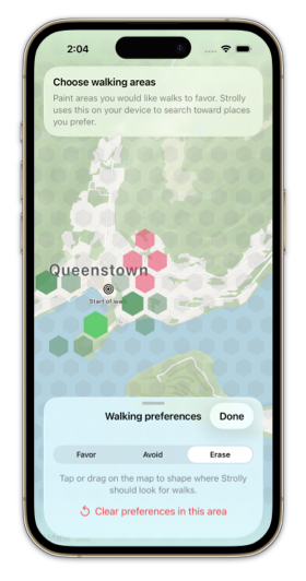 Strolly showing a non-modal walking preferences panel across the bottom of the map in portrait