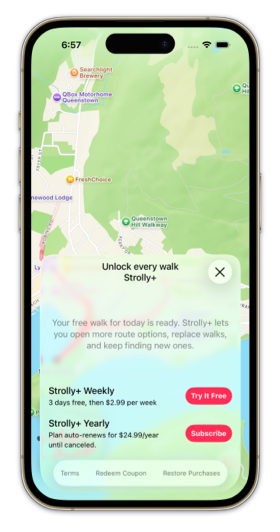 Strolly showing the Strolly+ subscription subpage within a panel over the map in portrait