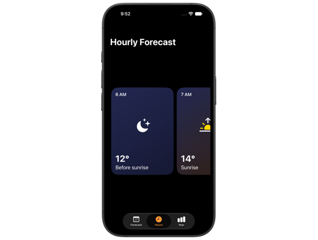 iPhone showing an hourly forecast carousel where each card spans two of three equal portions of the scroll view width and part of the next card remains visible