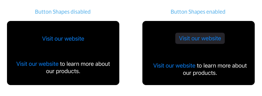 A link display with a bordered button style when the Button Shapes setting is turned on and a text display with a link inside that is simply colored blue