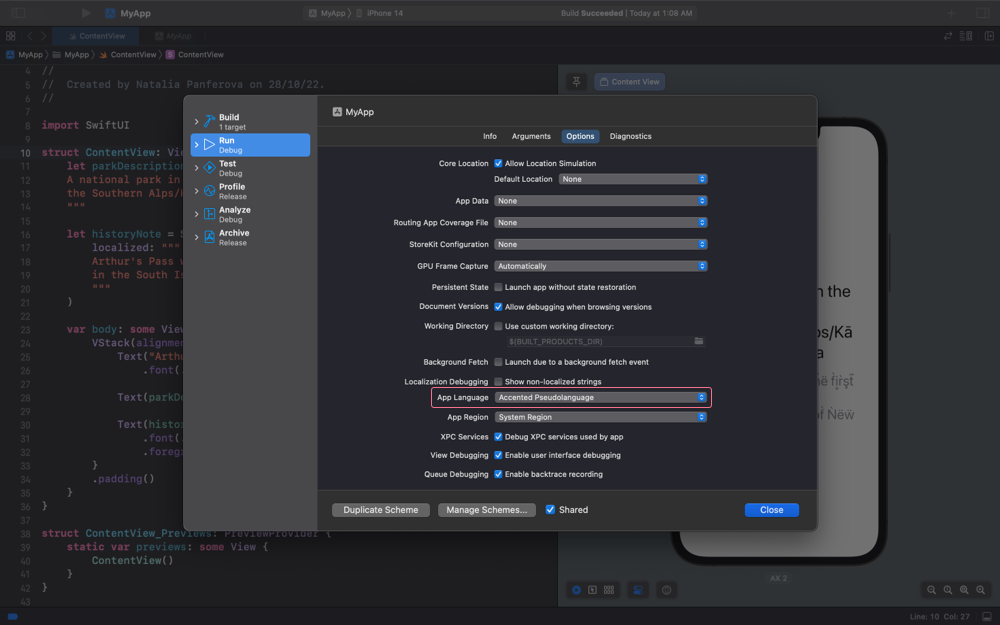 Screenshot of Xcode scheme settings showing Accented Pseudolanguage set as the App Language in the Options tab of the Run scheme