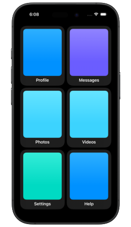 iPhone screen showing a grid of cards, each consisting of a dark rounded rectangle in the background and a smaller inset colorful rectangle in the foreground with concentric corners