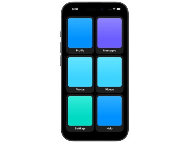 iPhone screen showing a grid of cards, each consisting of a dark rounded rectangle in the background and a smaller inset colorful rectangle in the foreground with concentric corners