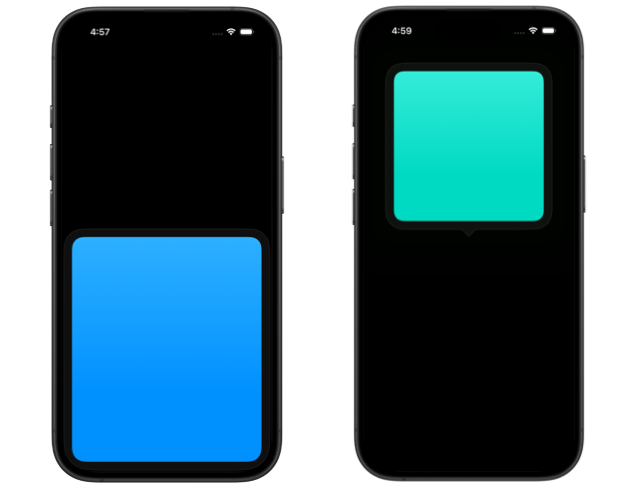 Two iPhone screens showing a blue concentric rectangle inside a sheet on the left and a green concentric rectangle inside a popover on the right