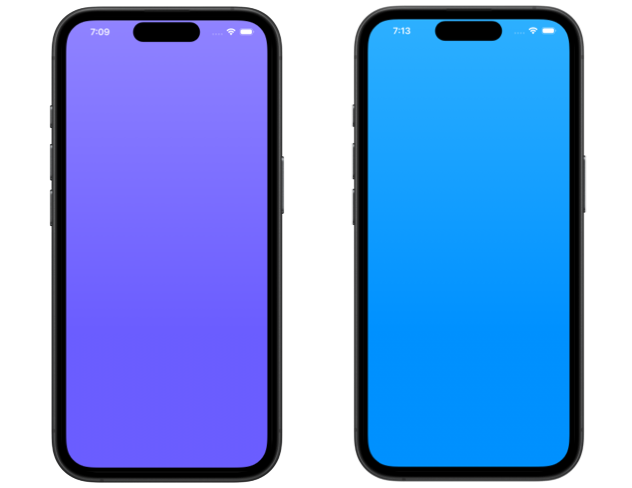 Two iPhone screens showing full-screen rounded shapes: the left filled with indigo, and the right filled with blue, both matching the device’s corner radii