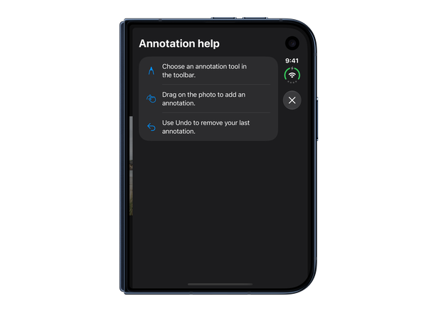 A help sheet with its close button in a vertical bar, reducing the width available to the text
