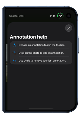 The same help sheet with its close button at the top and more horizontal space for the text