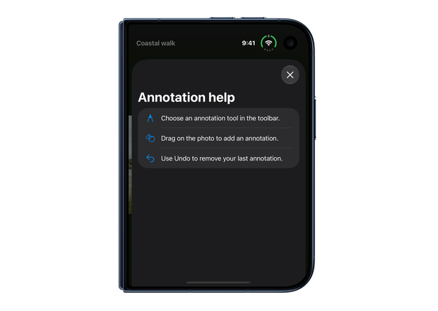 The same help sheet with its close button at the top and more horizontal space for the text