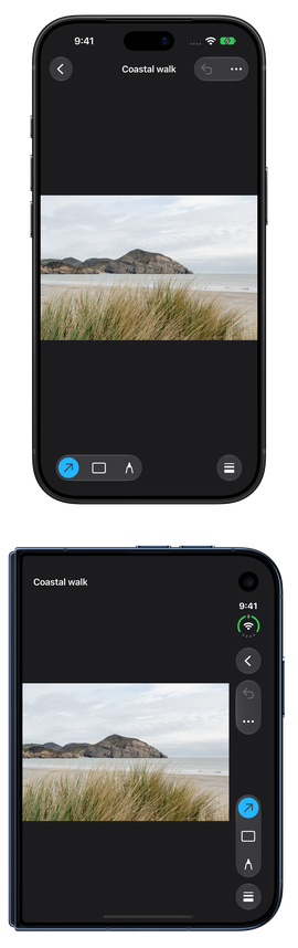 The same photo editor with horizontal toolbars on iPhone 18 Pro and a vertical toolbar along the right edge of the outer display on iPhone Duo