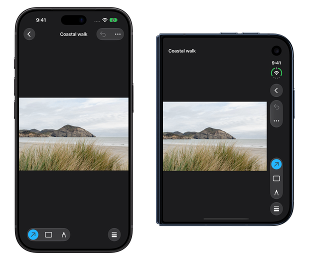 The same photo editor with horizontal toolbars on iPhone 18 Pro and a vertical toolbar along the right edge of the outer display on iPhone Duo