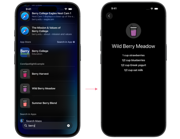 Two iPhones showing a Spotlight search and the smoothie detail view in the app