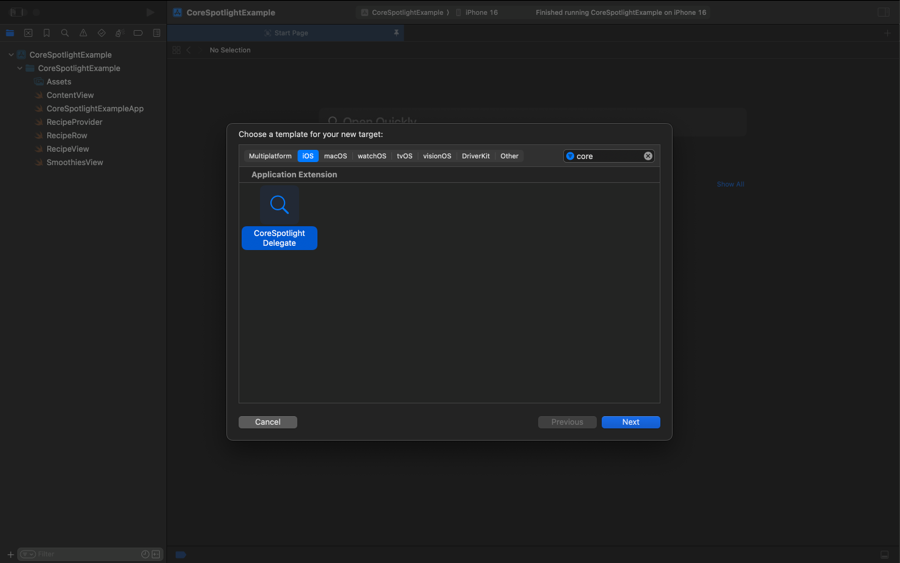 Xcode showing the dialog for creating a new target with the CoreSpotlight Delegate extension selected