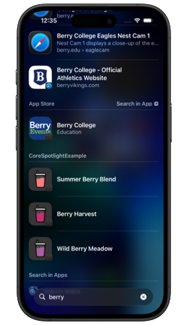 iPhone showing Spotlight search for 'berry' with Summer Berry Blend smoothie at the top of the results