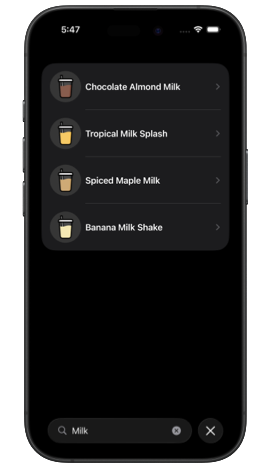 iPhone showing in-app search for 'milk' with the Chocolate Almond Milk smoothie at the top