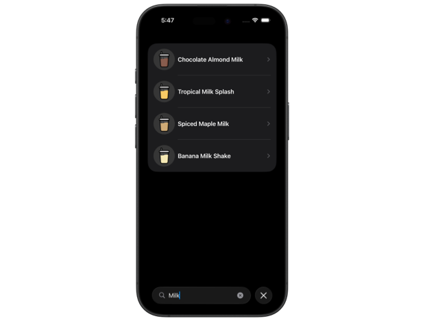 iPhone showing in-app search for 'milk' with the Chocolate Almond Milk smoothie at the top