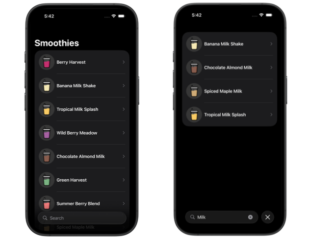 Two iPhones showing a full list of smoothies and a filtered list with a search query