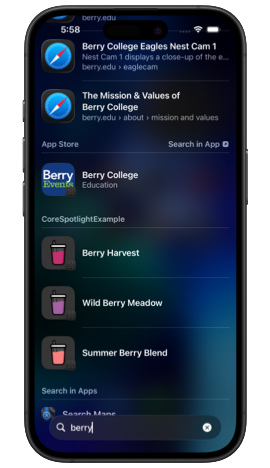 iPhone showing Spotlight search for 'berry' with results that include three berry smoothie recipes