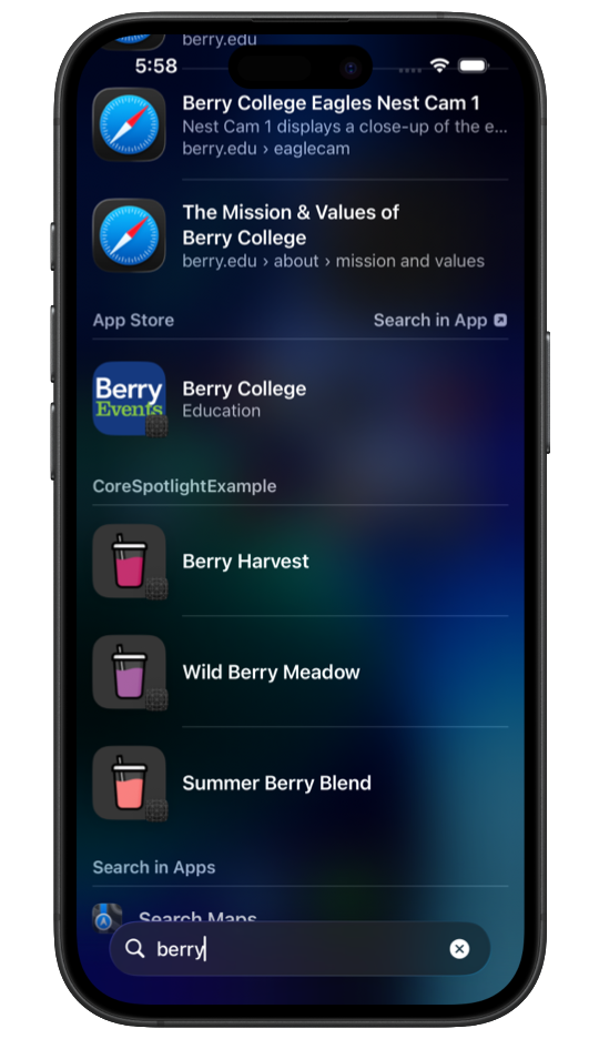 Core Spotlight integration for Spotlight and internal app search