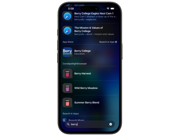 iPhone showing Spotlight search for 'berry' with results that include three berry smoothie recipes