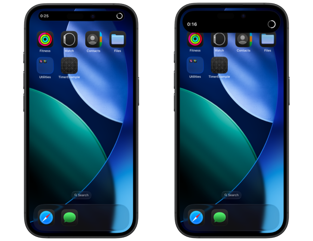 Two iPhone screens showing a compact Dynamic Island with countdown and circular progress and an expanded Dynamic Island with larger countdown and progress
