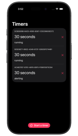 iPhone screen displaying a timers list with three 30-second alarms
