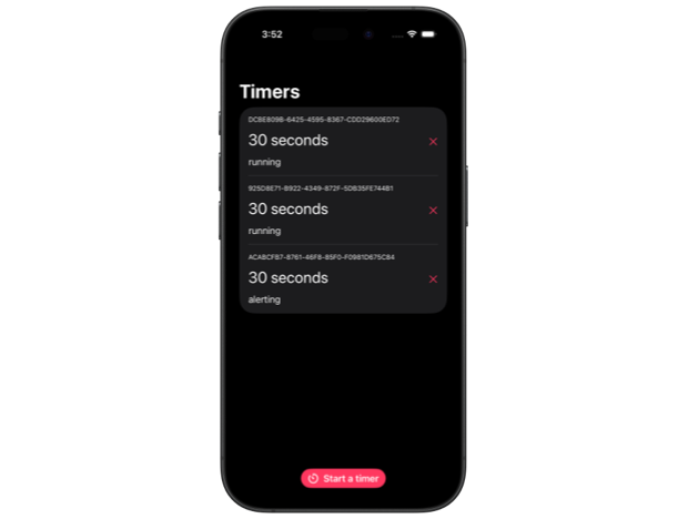iPhone screen displaying a timers list with three 30-second alarms