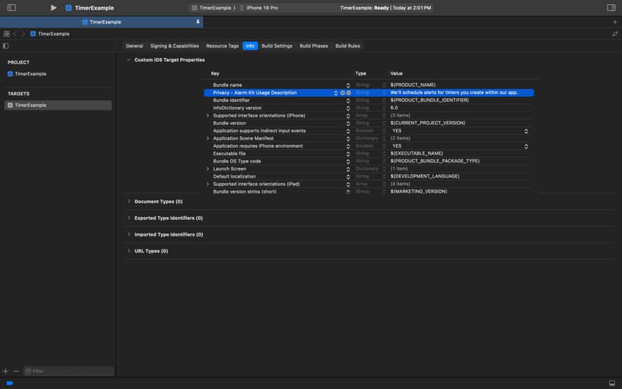 Xcode Info tab displaying the Privacy – Alarm Kit Usage Description entry set to 'We’ll schedule alerts for timers you create within our app.'