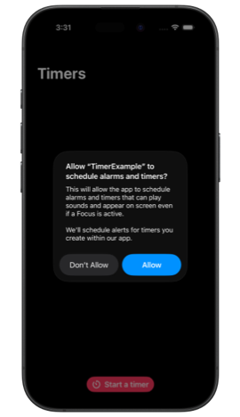 iPhone displaying system prompt to allow TimerExample to schedule alarms and timers with 'Don’t Allow' and 'Allow' buttons