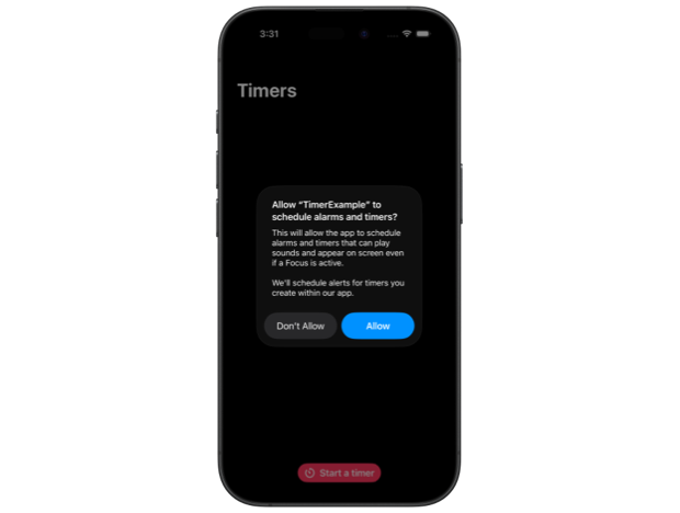 iPhone displaying system prompt to allow TimerExample to schedule alarms and timers with 'Don’t Allow' and 'Allow' buttons