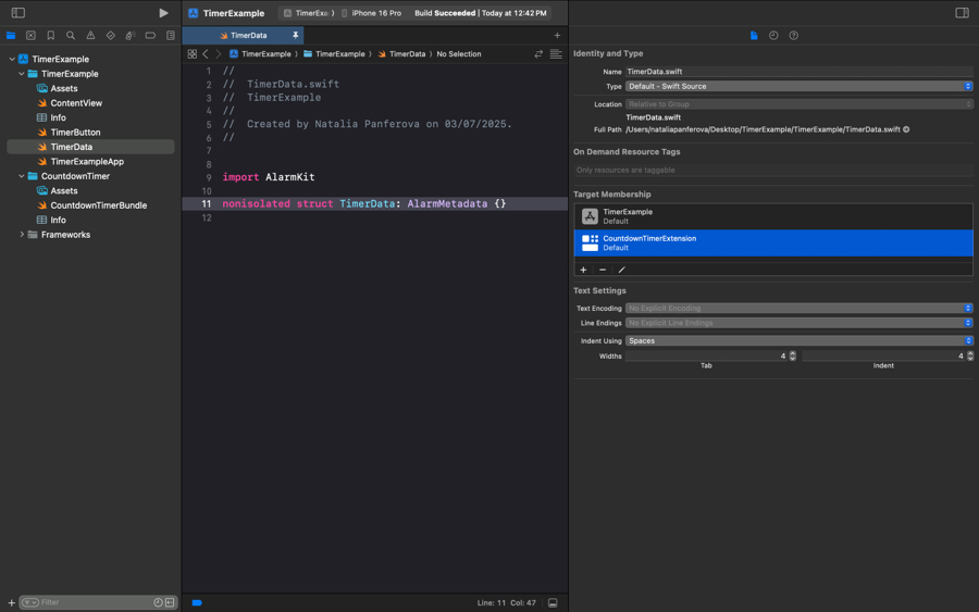 Xcode showing TimerData.swift with its Target Membership set for both the app and the widget extension
