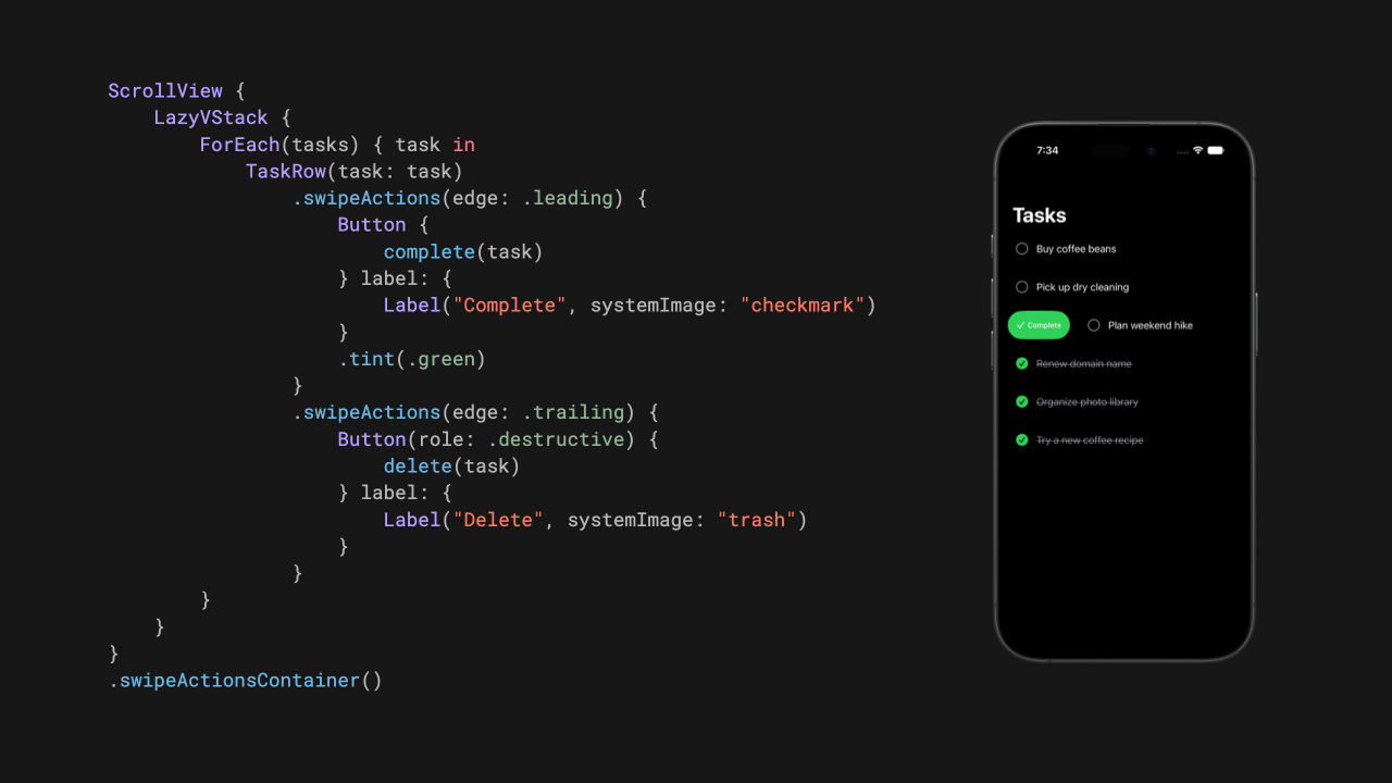 Custom scroll layouts with swipe actions in SwiftUI on iOS 27