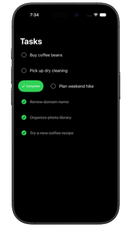 A task list built with LazyVStack showing swipe actions on iOS 27. The third row is swiped open, revealing a green Complete button on the leading edge.