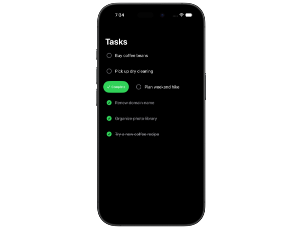 A task list built with LazyVStack showing swipe actions on iOS 27. The third row is swiped open, revealing a green Complete button on the leading edge.