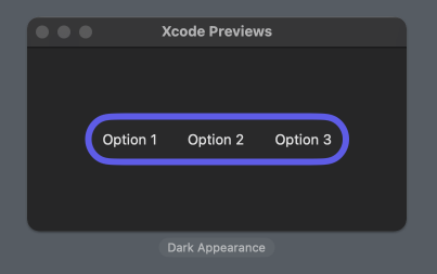 Xcode preview showing a HStack with three plain buttons with indigo background and inner dark background capsule