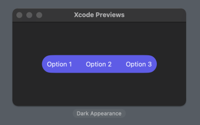 Xcode preview showing a HStack with three plain buttons with indigo background