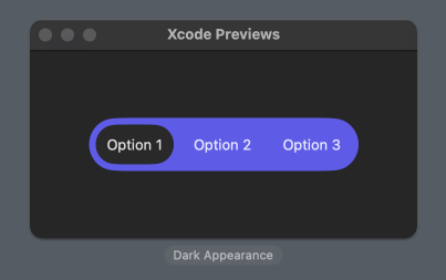 Xcode preview showing a HStack with three plain buttons where only option one button has dark capsule background