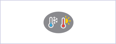 Two icons depicting thermometers with weather symbols next to them. The left icon shows a thermometer with a blue bulb and a white snowflake. The right icon displays a thermometer with a red bulb and a yellow sun.