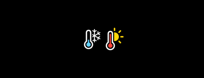 Two icons depicting thermometers with weather symbols next to them. The left icon shows a thermometer with a blue bulb and a white snowflake. The right icon displays a thermometer with a red bulb and a yellow sun.