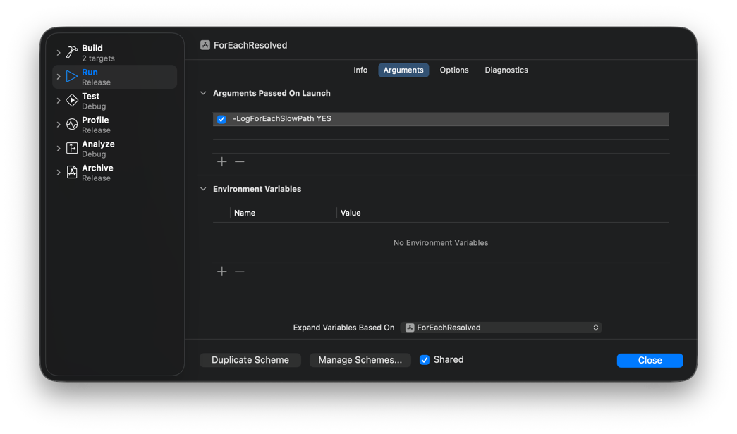 Xcode scheme editor with Run selected and the Arguments tab showing the enabled -LogForEachSlowPath YES launch argument