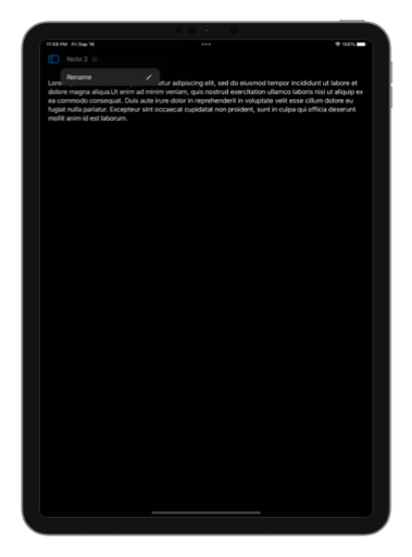 Screenshot of the sample notes app showing the rename action in the title menu