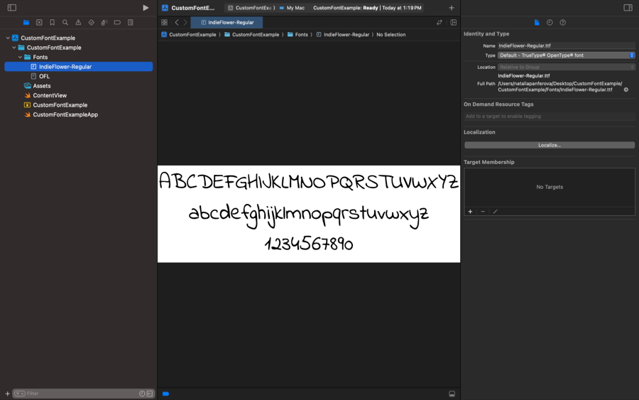 Xcode project showing a custom font file selected with preview and no target membership assigned