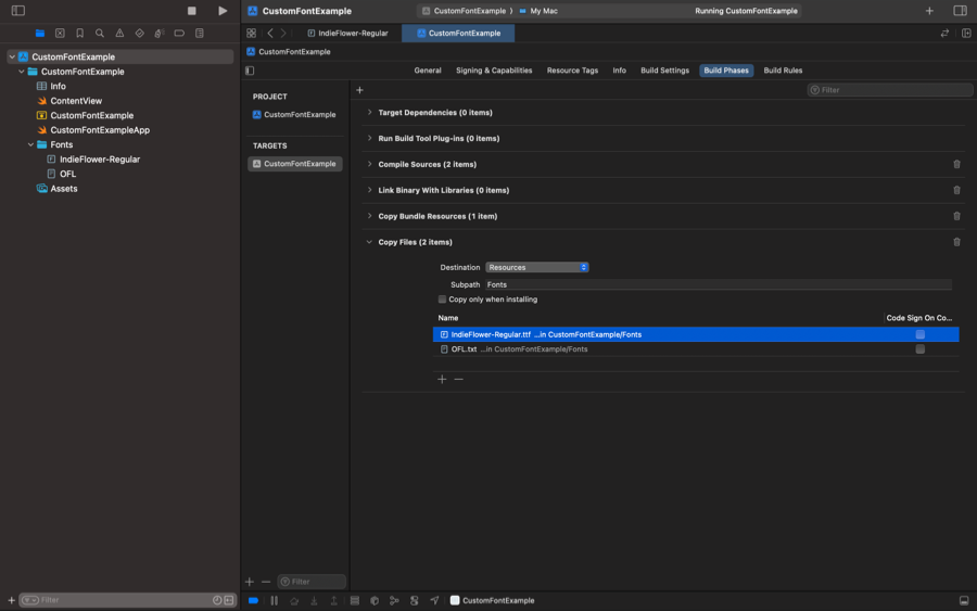 Xcode project showing a Copy Files build phase configured to copy a custom font to the Resources/Fonts directory