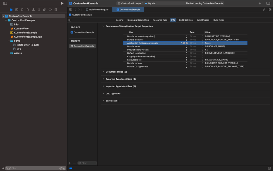 Xcode project Info tab showing the ATSApplicationFontsPath key set to Fonts in the app's Info.plist