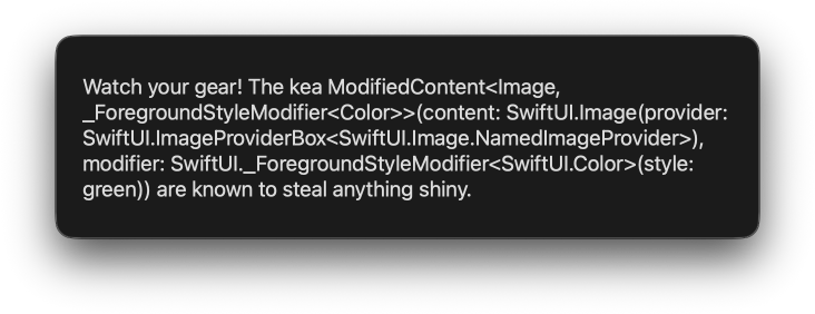 Text with a debug description of the modified image view inserted in place of the icon