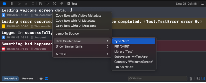 Screenshot showing filtering option for hiding similar logs