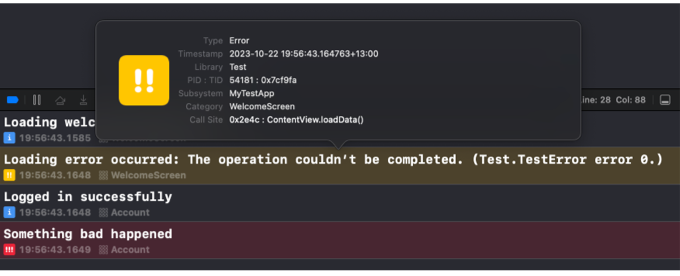 Screenshot showing info for an error log in Xcode