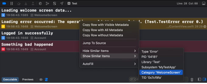Screenshot showing filtering option for similar logs