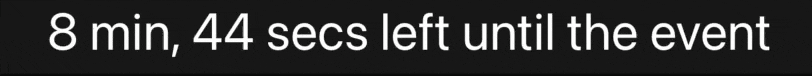 Animated countdown displaying '8 min, 44 secs left until the event' with the time decreasing in real time