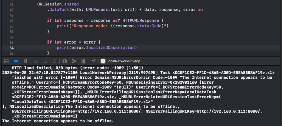 Screenshot of Xcode console with internet connection error printed