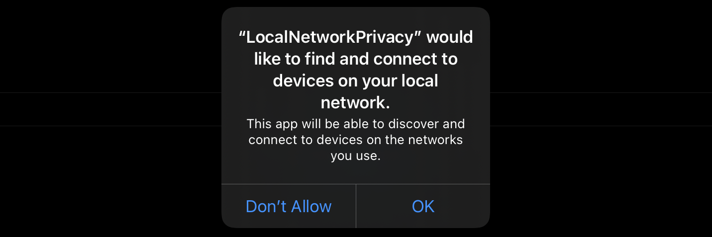 Screenshot of iOS prompt to grant access to local network